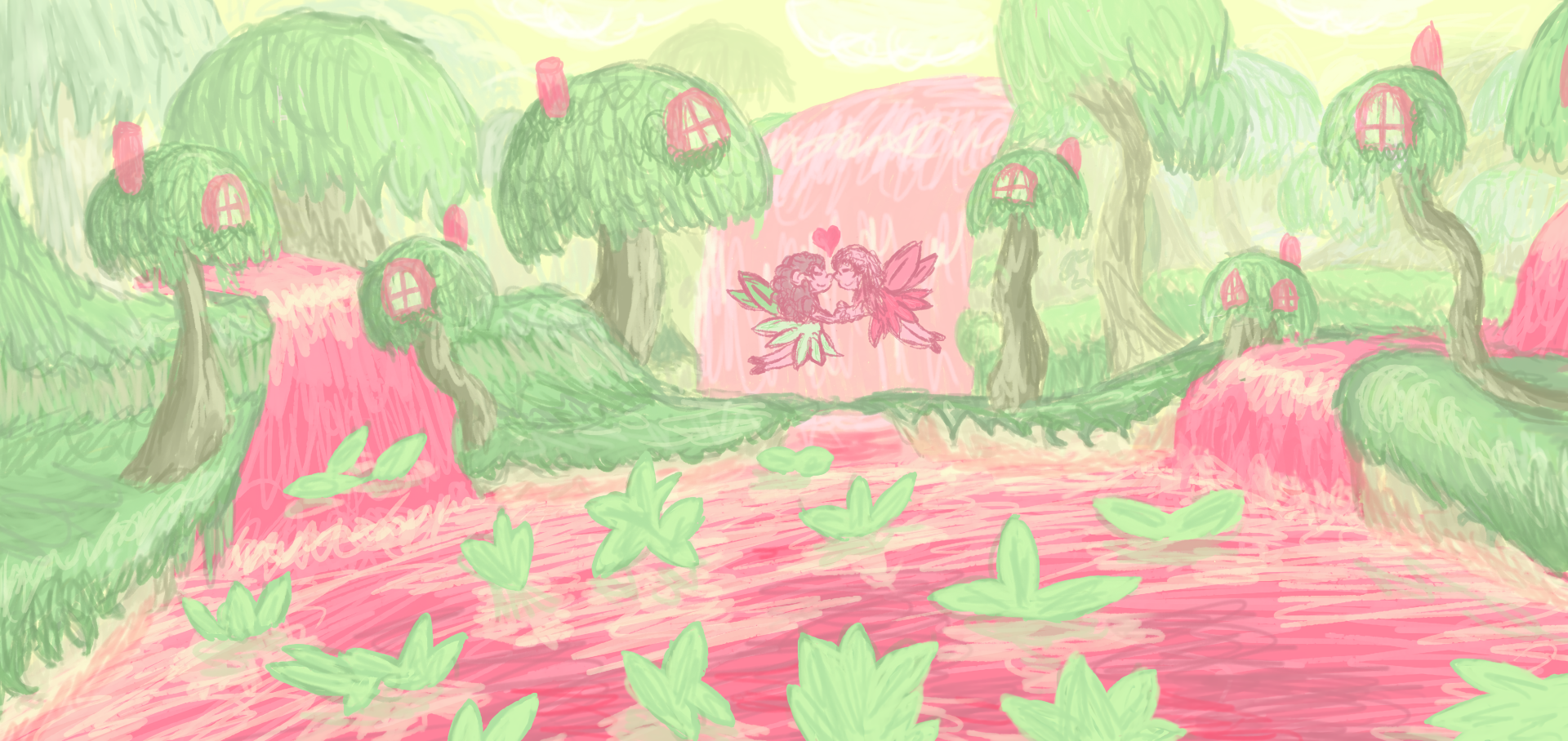 Green, pink and yellow only sketch of a forest with mushroom shaped trees containing houses, a large lake filled with lilypads 2 fairies holding hands, closing their eyes and touching each others noses, while flying above a waterfall.